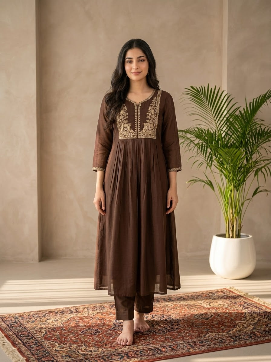 DUPATTA SET Chocolate Golden Cut Beads