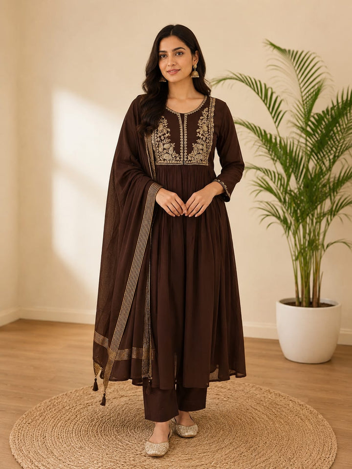 DUPATTA SET Chocolate Golden Cut Beads