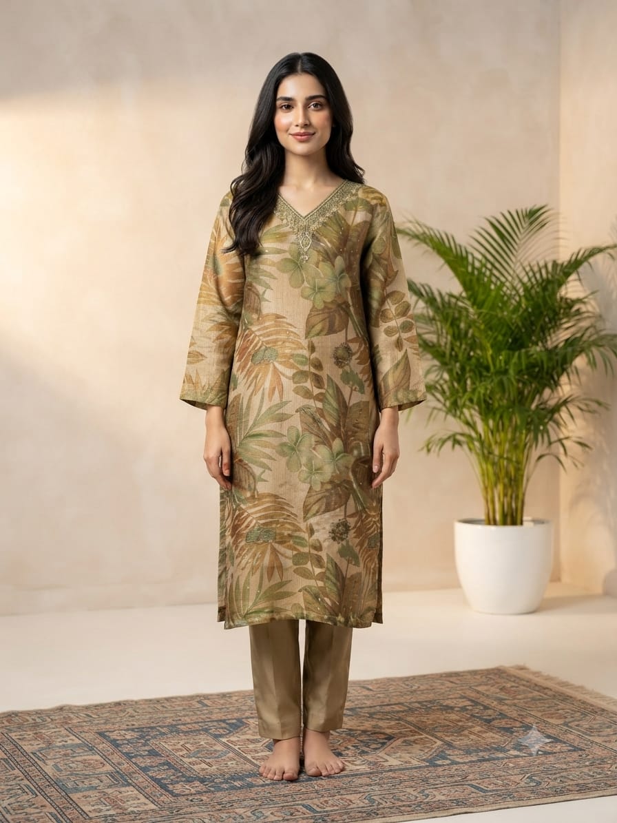 DUPATTA SET Cream Olive, Soft Ball Slits