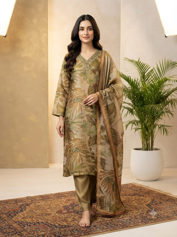 DUPATTA SET Cream Olive, Soft Ball Slits