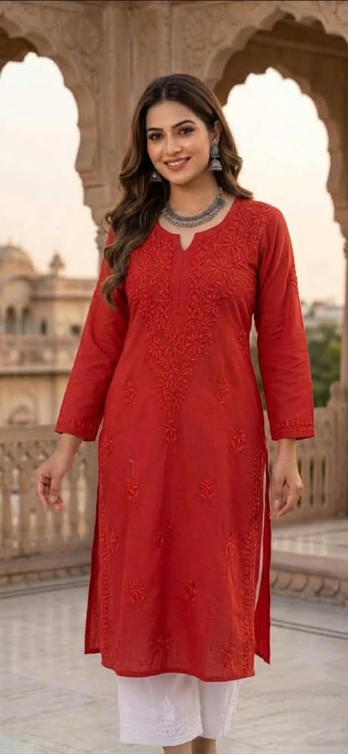 KURTA-Chikanwork Cotton Straight