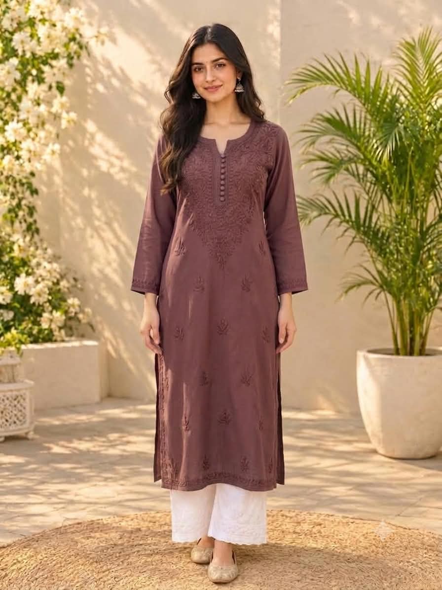KURTA-Chikanwork Muslin Straight