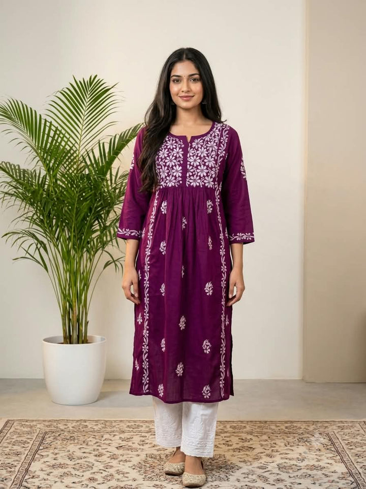 KURTA-Chikanwork With Gathers
