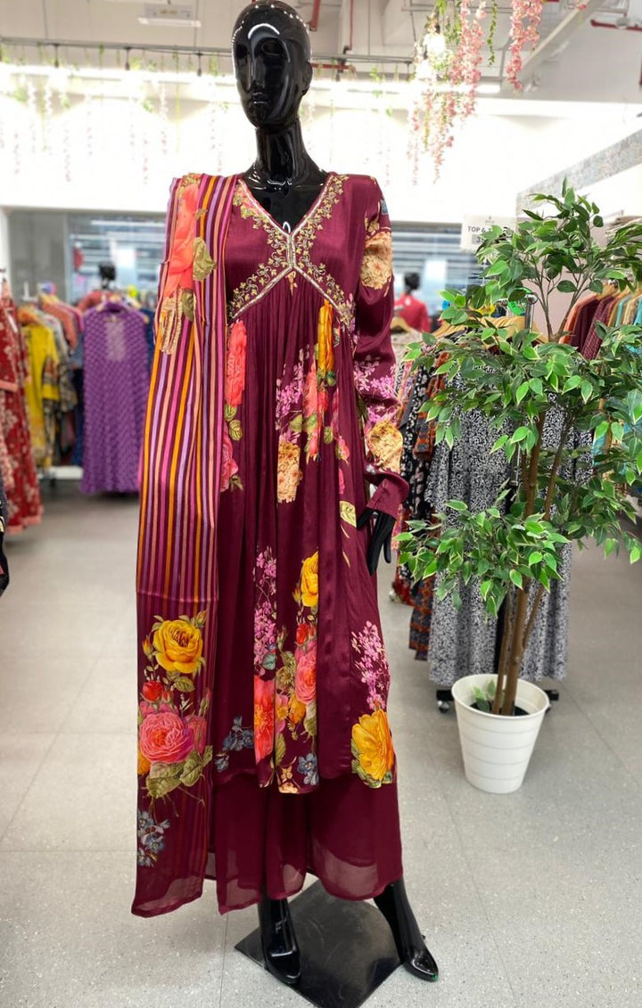 DUPATTA SET-MAROON, CHINON