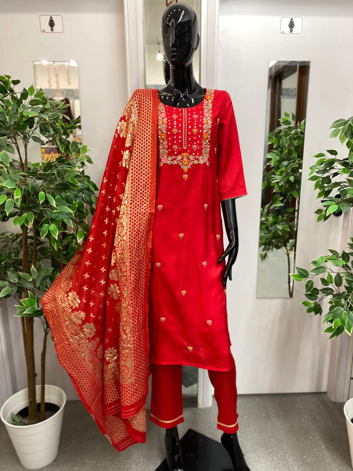 DUPATTA SET - RED EMBROIDERED SILK