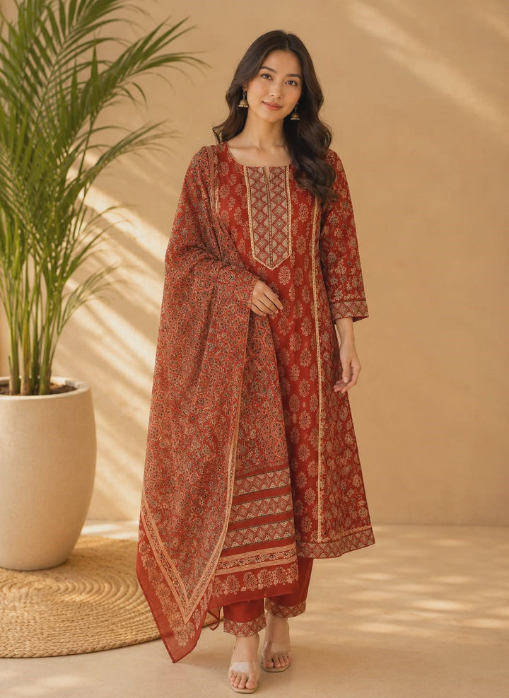 DUPATTA SET-Red Straight Cotton