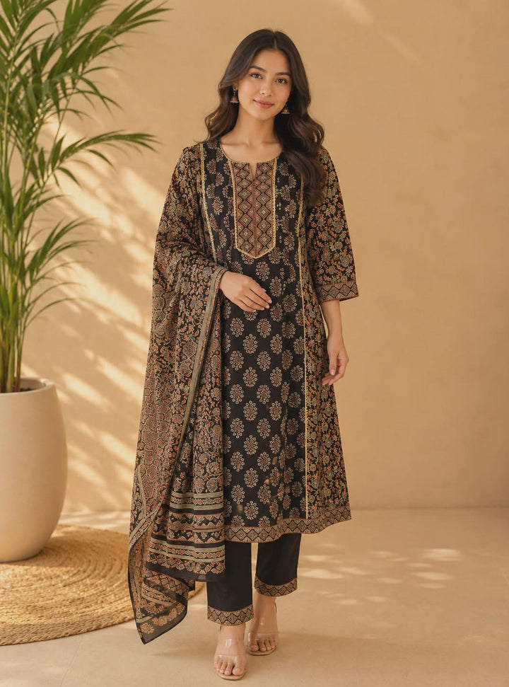 DUPATTA SET-Black Straight Cotton