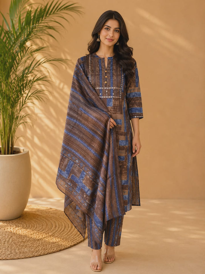 DUPATTA SET-Brown Blue Straight Cotton