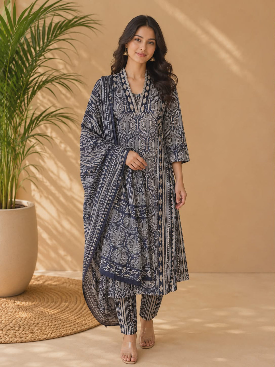 DUPATTA SET-Indigo Straight Cotton