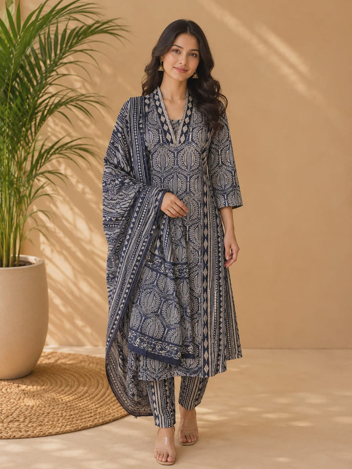 DUPATTA SET-Indigo Straight Cotton