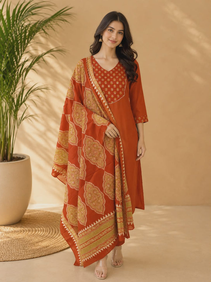 DUPATTA SET-Rust Straight Cotton