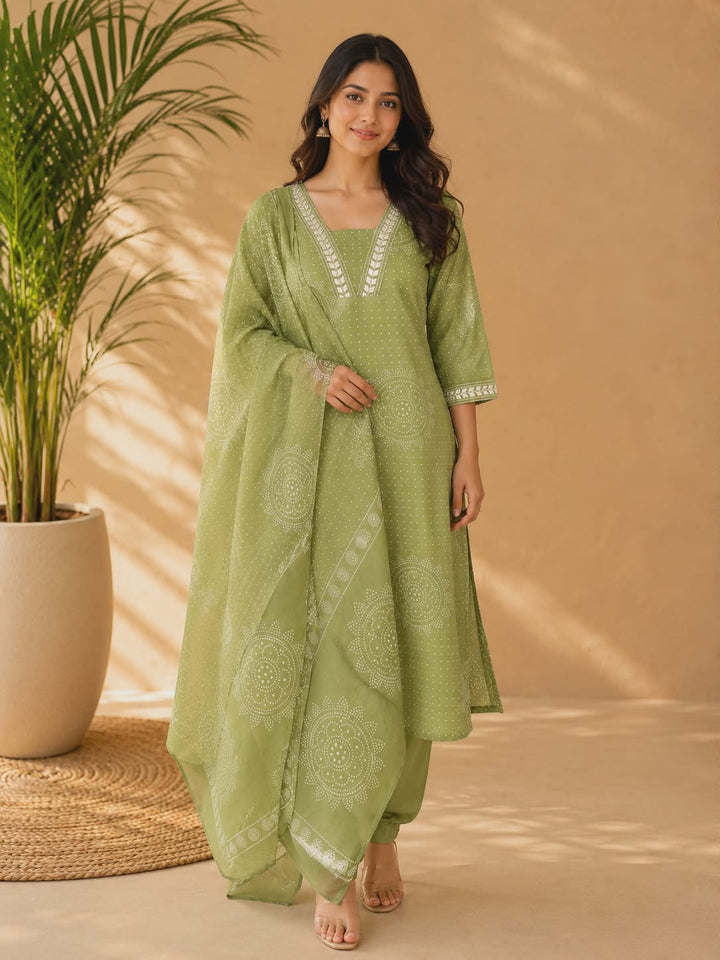 DUPATTA SET-Green Straight Cotton