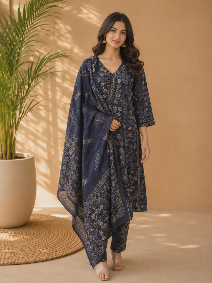 DUPATTA SET-Blue Beige Straight Cotton