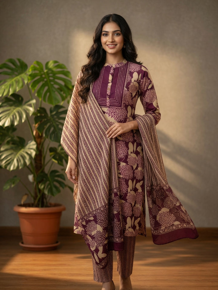 DUPATTA SET-Purple Straight Cotton