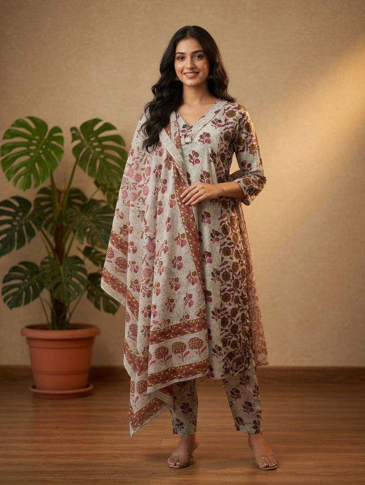 DUPATTA SET-White Brown Straight Cotton