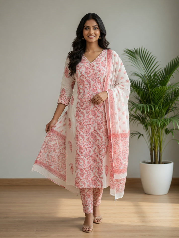 DUPATTA SET-Pink Red Straight Cotton