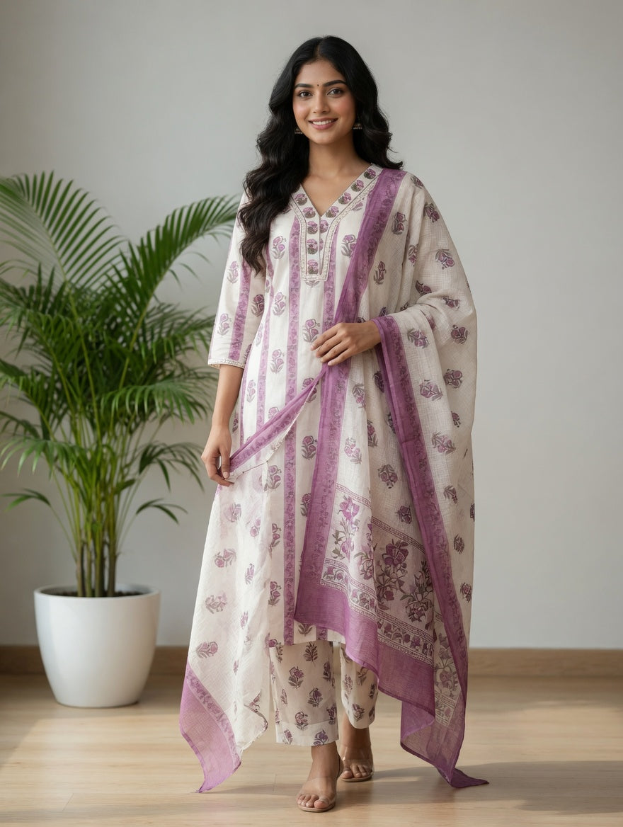 DUPATTA SET-White Purple Straight Cotton