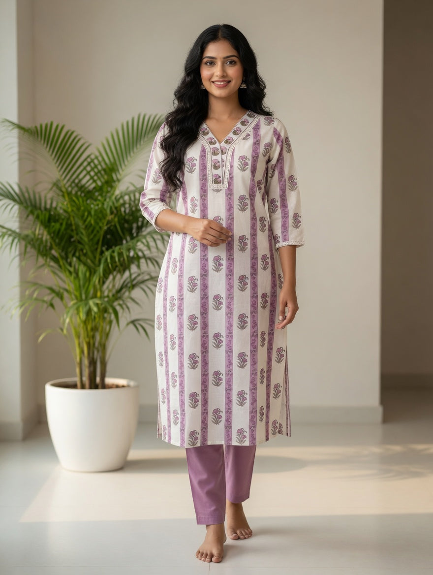 DUPATTA SET-White Purple Straight Cotton