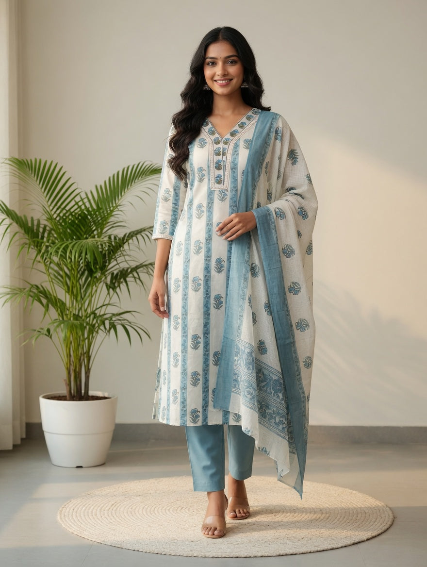DUPATTA SET-White Blue Straight Cotton