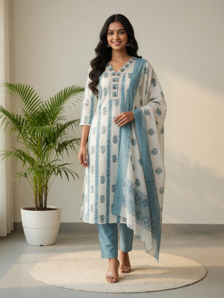DUPATTA SET-White Blue Straight Cotton