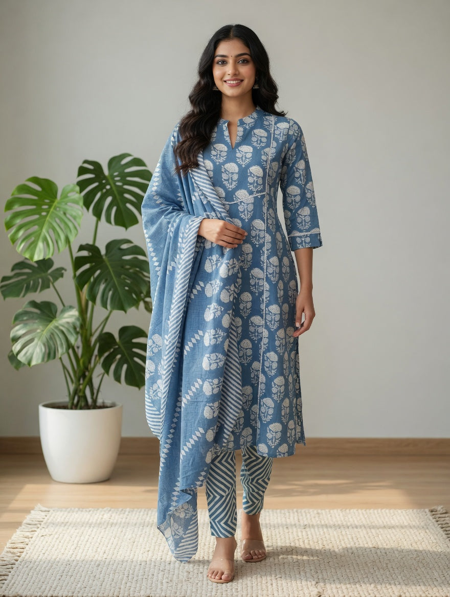 DUPATTA SET-Sky Blue Straight Cotton