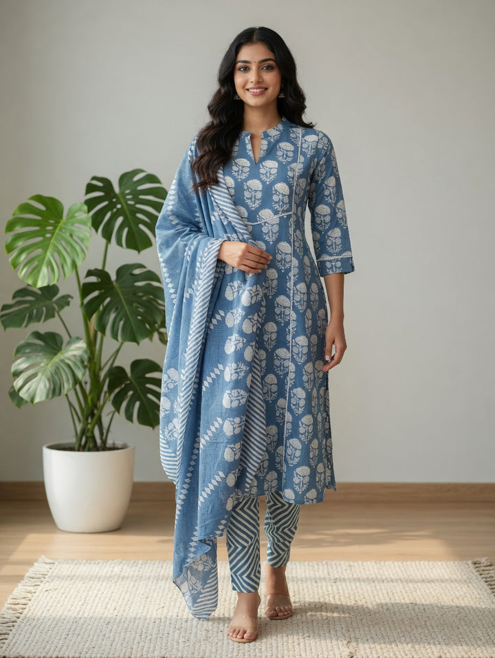 DUPATTA SET-Sky Blue Straight Cotton