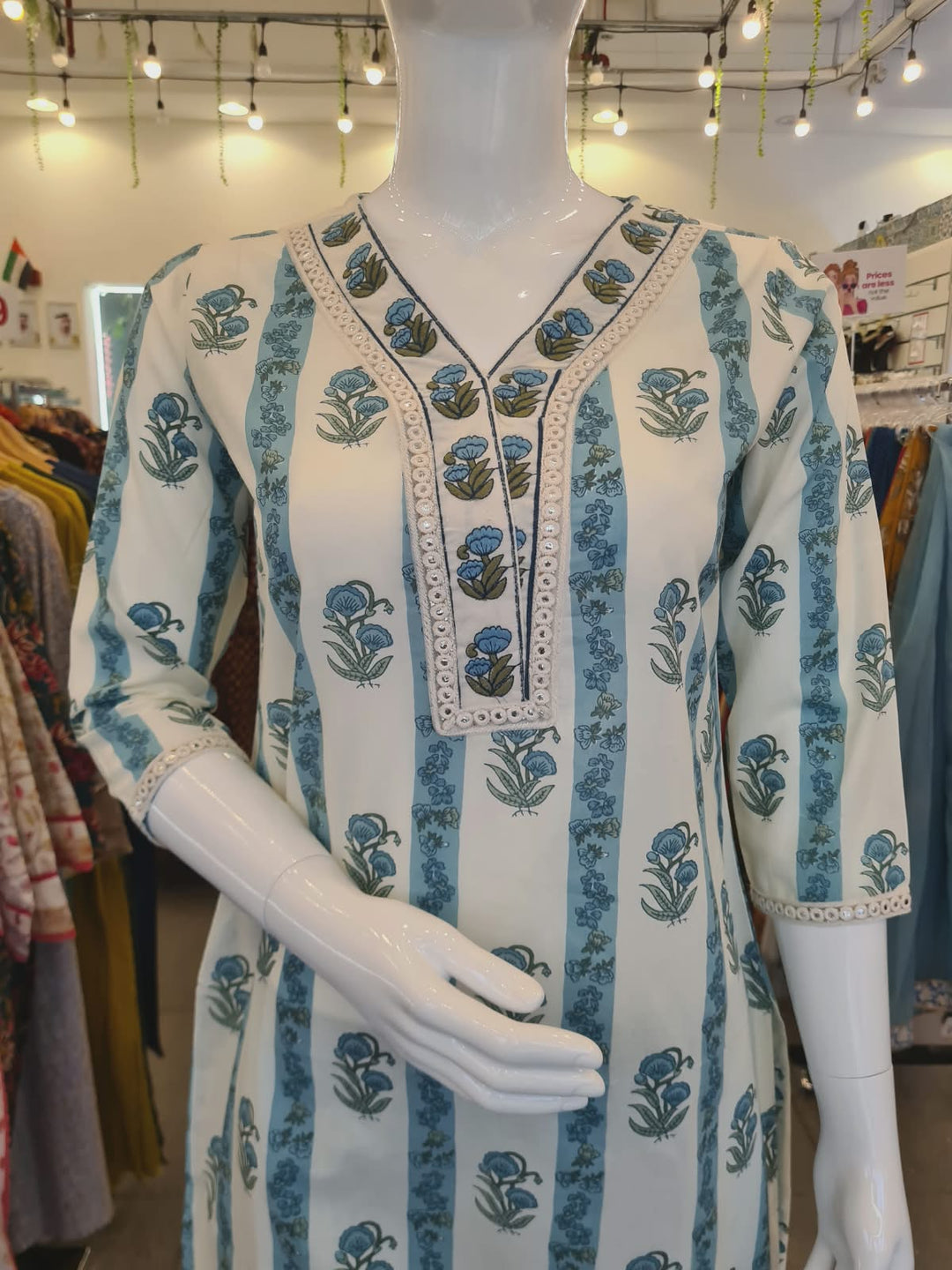 DUPATTA SET-White Blue Straight Cotton