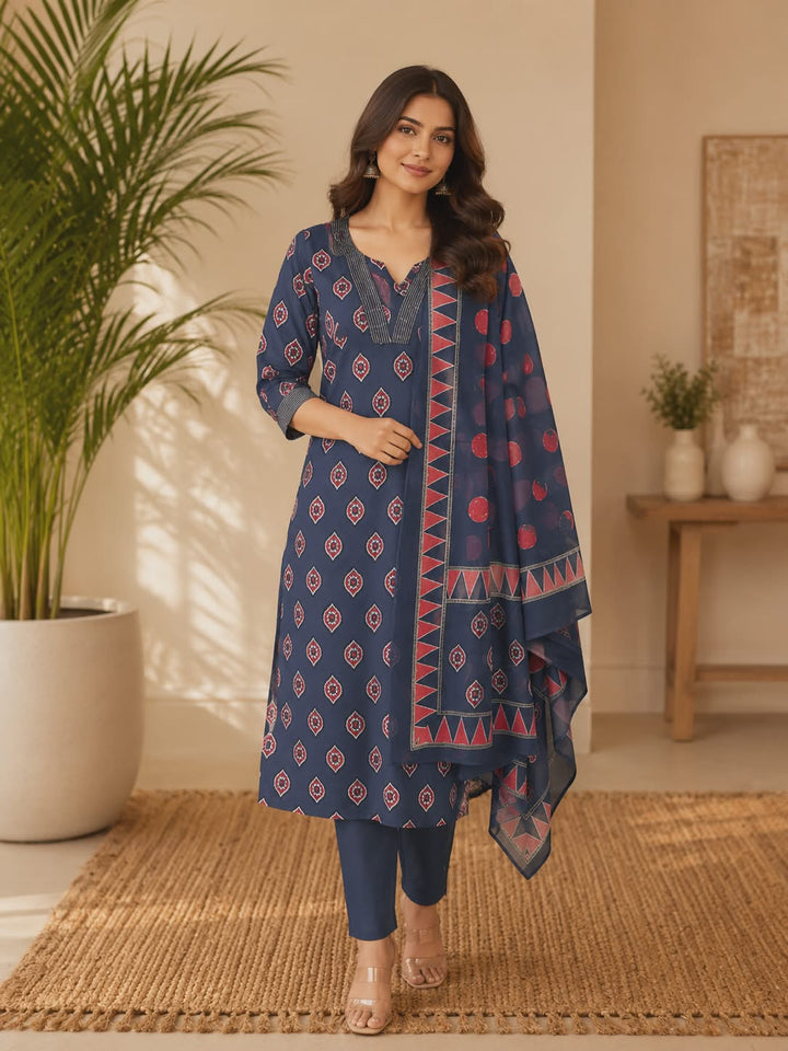 DUPATTA SET-Blue Straight Cotton