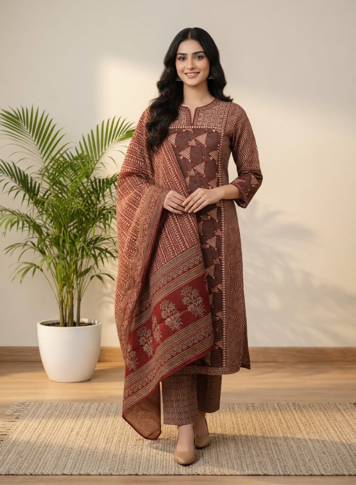 DUPATTA SET-Maroon Straight Cotton