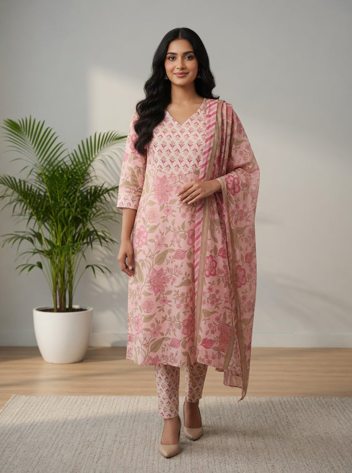 DUPATTA SET-Pink Floral Straight Cotton