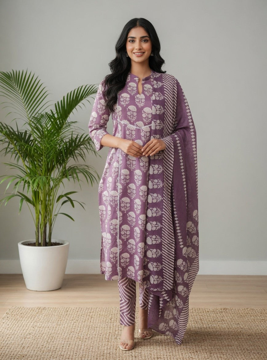 DUPATTA SET-Purple Straight Cotton