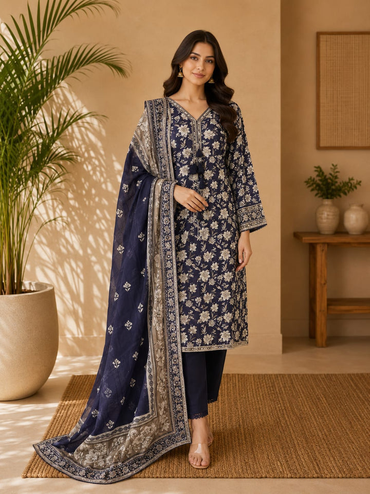 DUPATTA SETS-Straight Print Navy