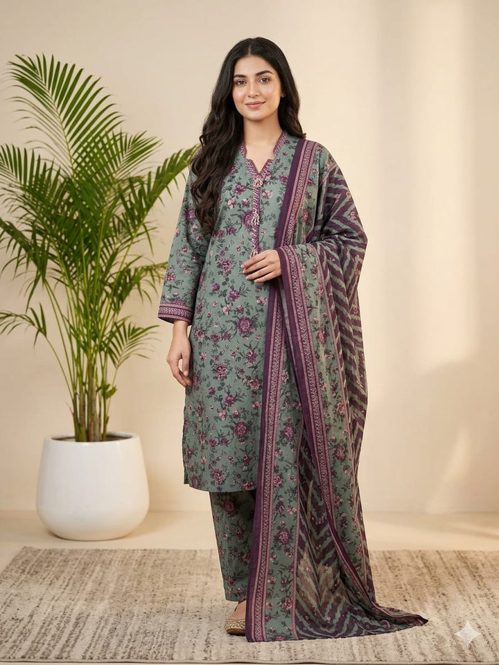DUPATTA SETS-Straight Print Green