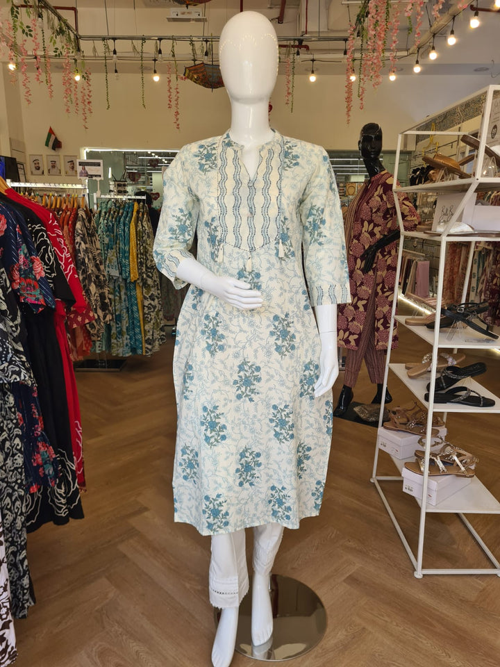 KURTA-Off White Blue Cotton
