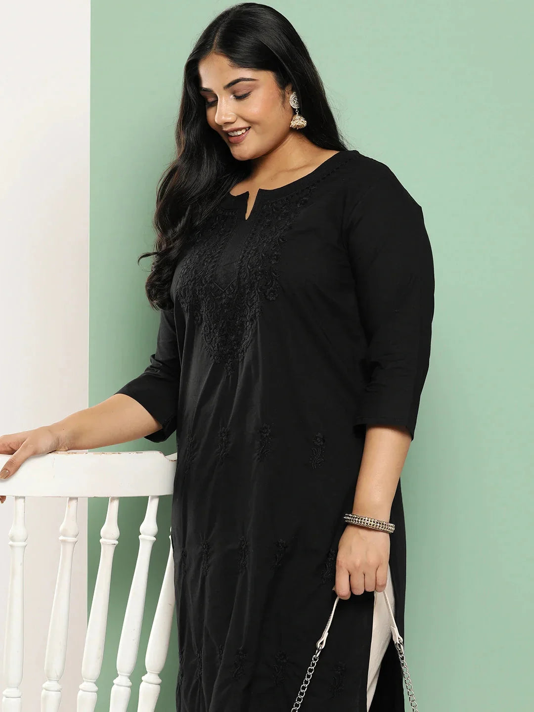 KURTA-Black Embroidered Plus Size