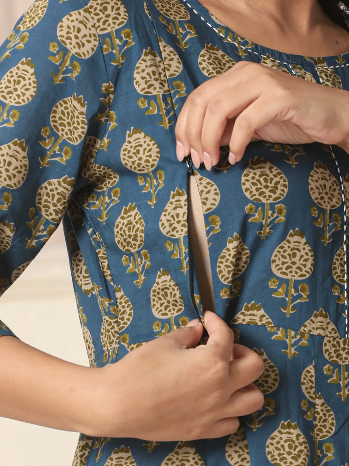 MATERNITY SET-Blue Cotton Printed Set