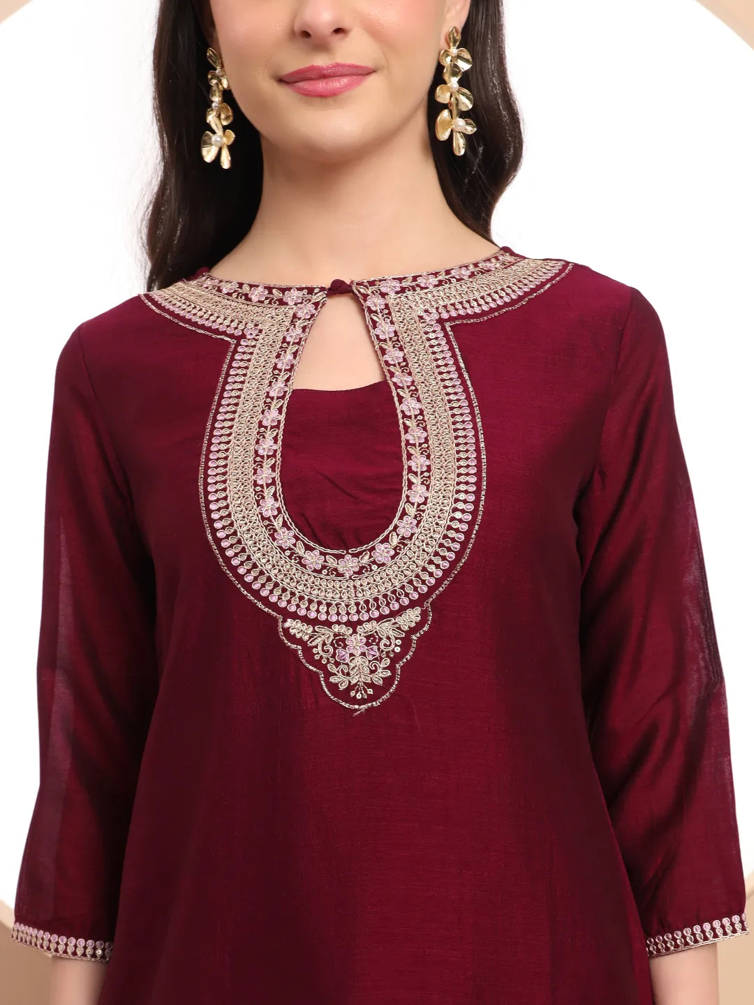 DUPATTA SET-Brndy Embroidered Solid Kurta Set with Dupatta