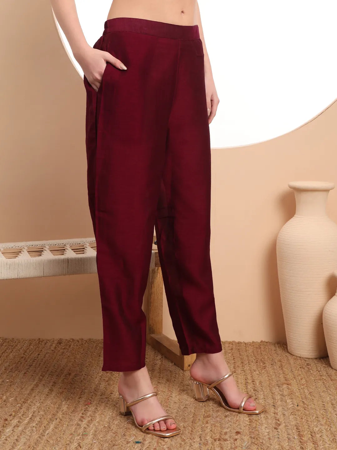 DUPATTA SET-Brndy Embroidered Solid Kurta Set with Dupatta