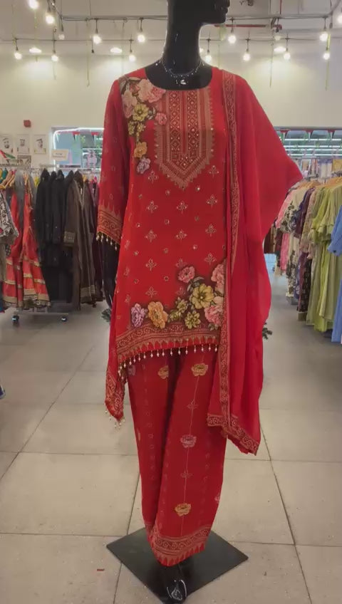 DUPATTA SET - Pure Crape red floral printed fish cut 102408