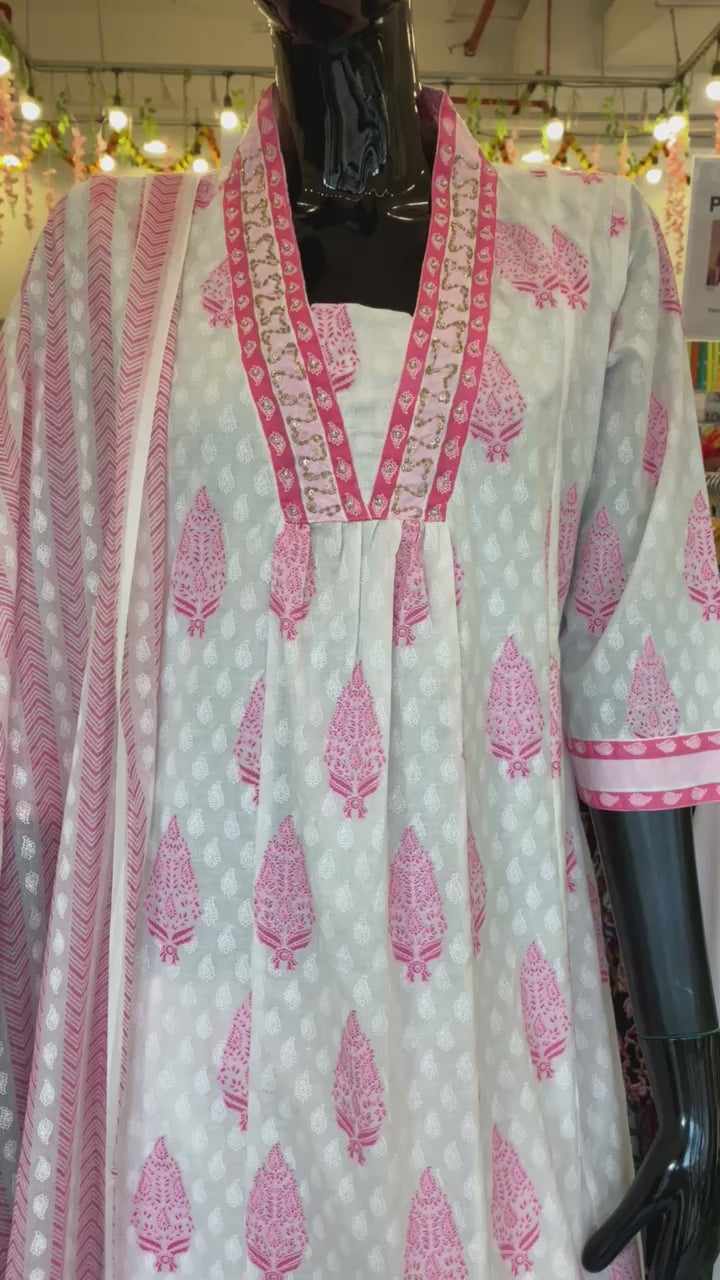 DUPATTA SET-PINK WHITE, COTTON