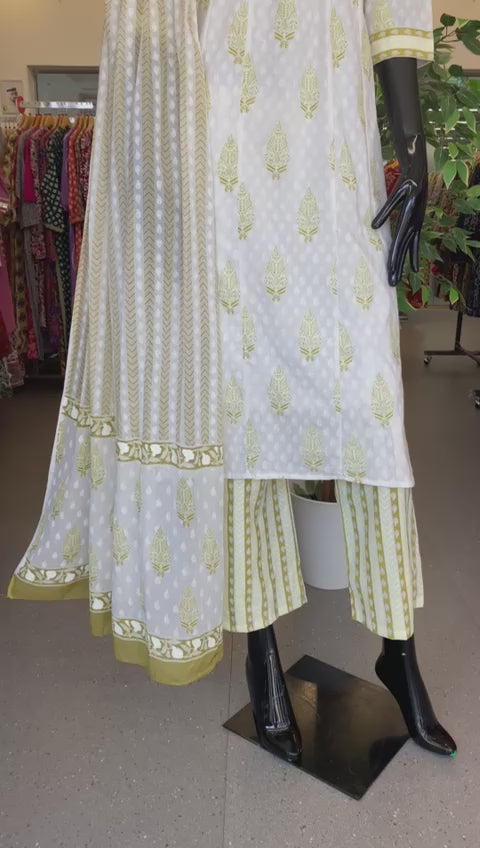 DUPATTA SET- OLIVE WHITE, COTTON