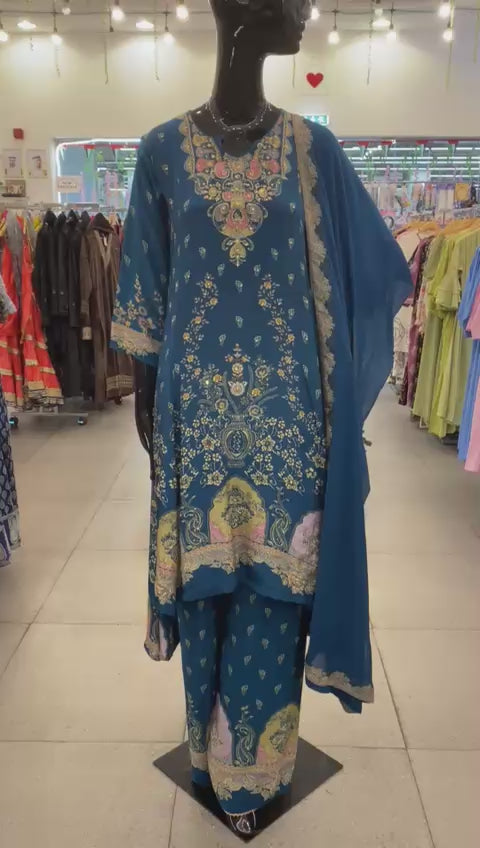 DUPATTA SET - Pure Crape Teal Blue floral printed 102411