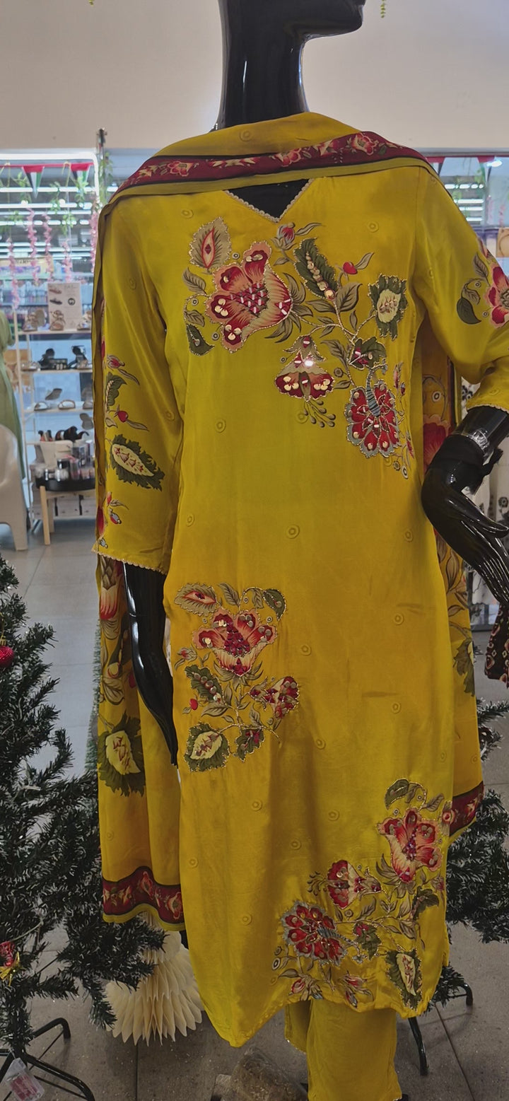 DUPATTA SET - Pure Chinon Straight fit Yellow color 102420