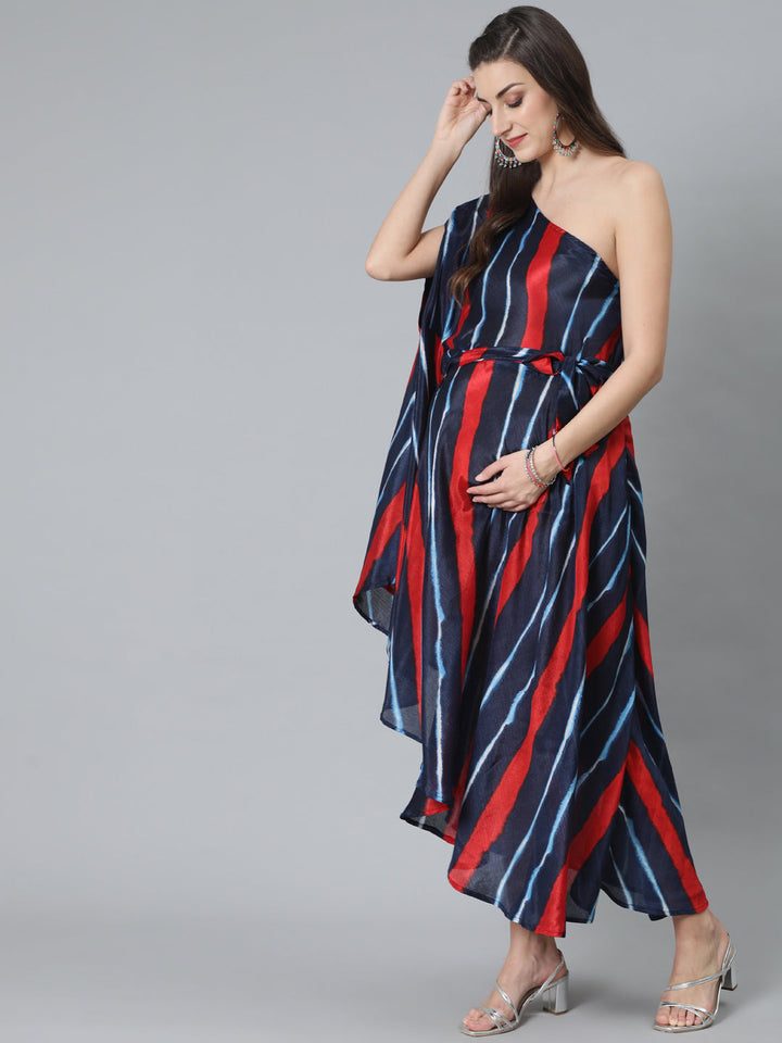 DRESS - Blue & Red Leheriya Printed Maternity One Shoulder Dress