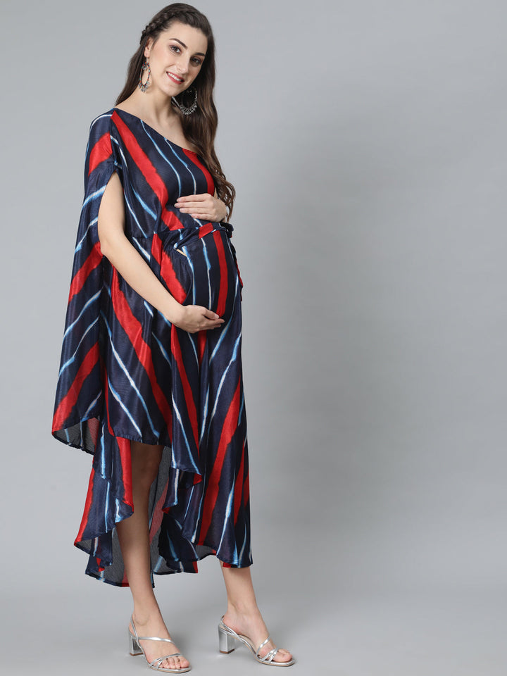 DRESS - Blue & Red Leheriya Printed Maternity One Shoulder Dress