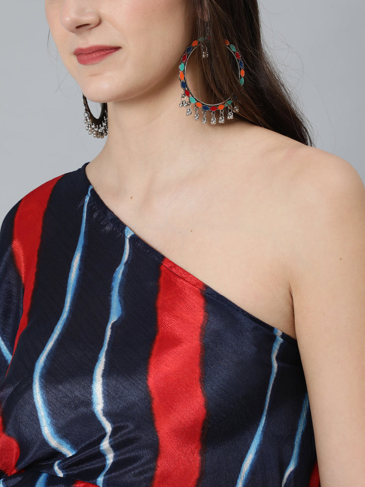 DRESS - Blue & Red Leheriya Printed Maternity One Shoulder Dress