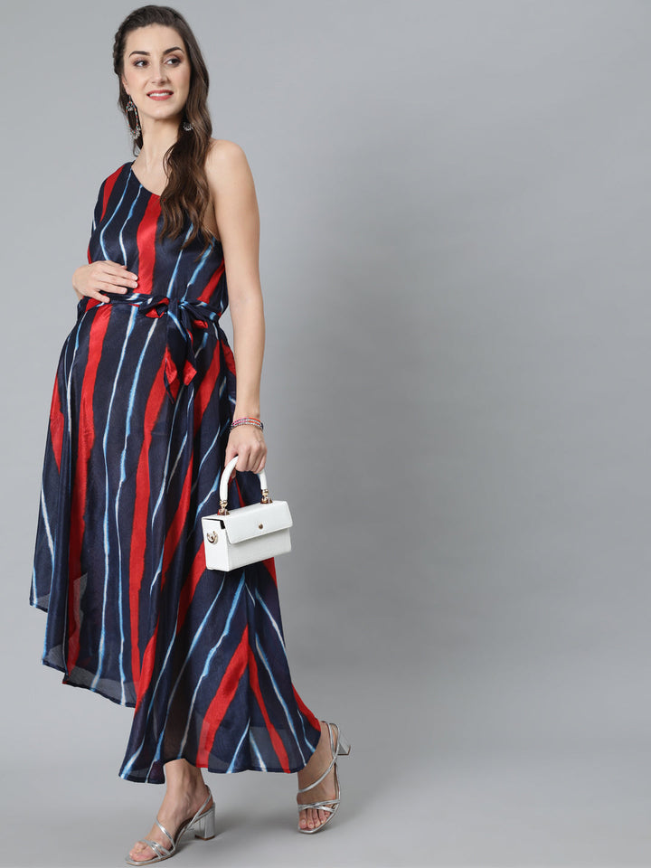 DRESS - Blue & Red Leheriya Printed Maternity One Shoulder Dress