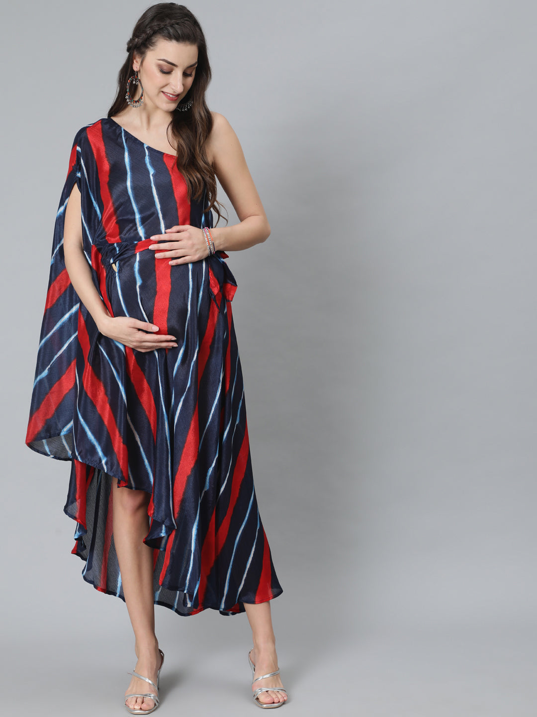 DRESS - Blue & Red Leheriya Printed Maternity One Shoulder Dress