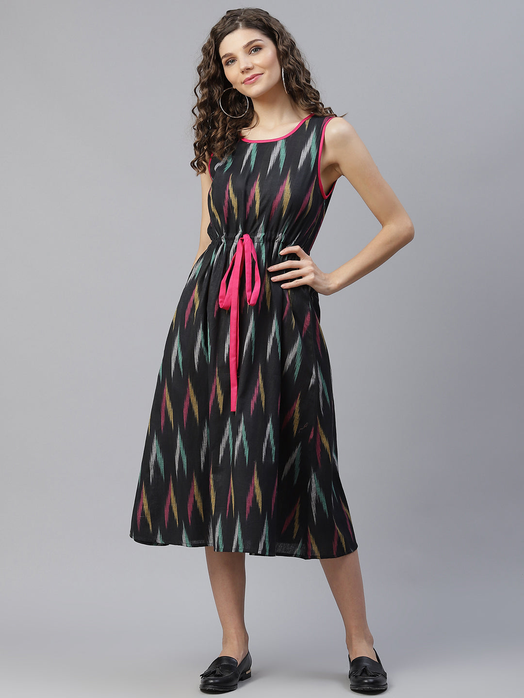 DRESS - Black & Pink Ikat Woven Design A-Line Dress