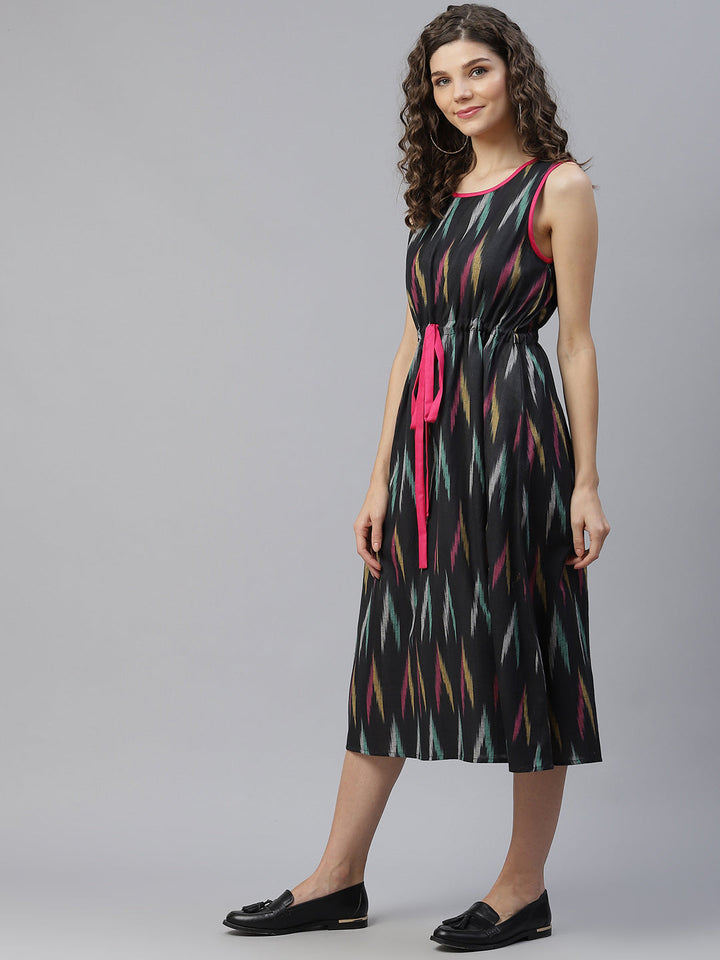 DRESS - Black & Pink Ikat Woven Design A-Line Dress